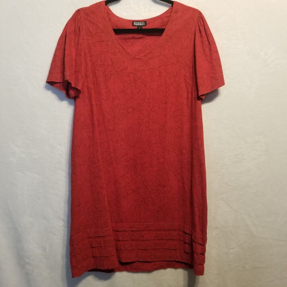 Nicole Miller L Dress Linen Blend Red Floral Print Shift Above Knee Coastal